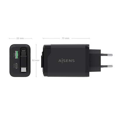 Zijaanzicht van de Aisens 65W oplader in zwart met afmetingen en poorten.