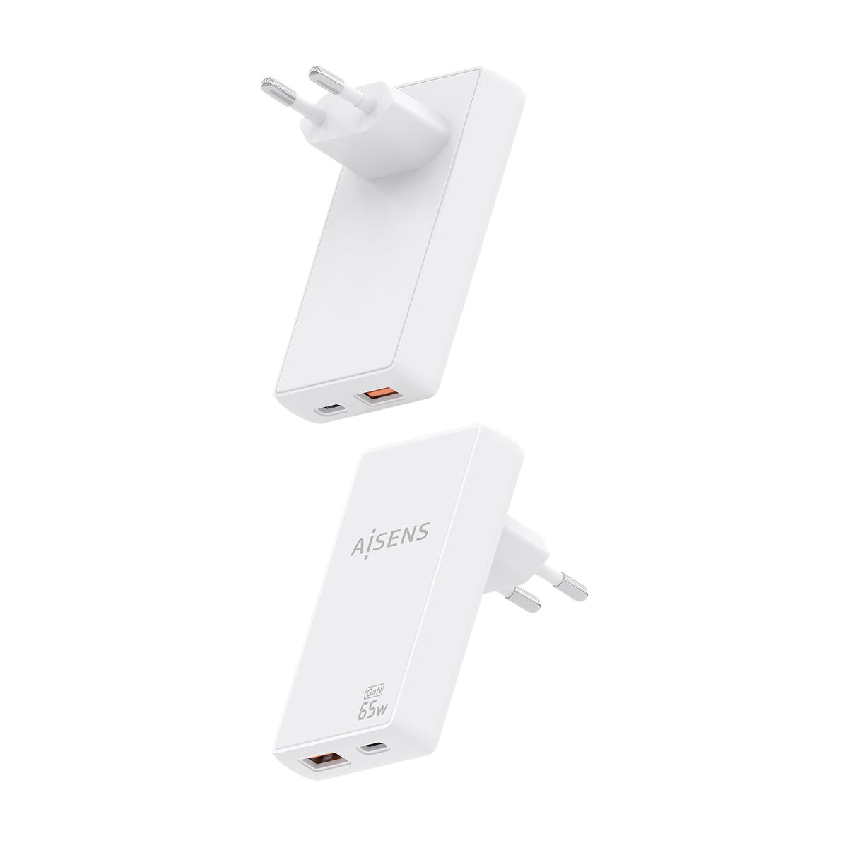 Zijaanzicht van de Aisens Powerbank 65W in wit met USB-C poorten.