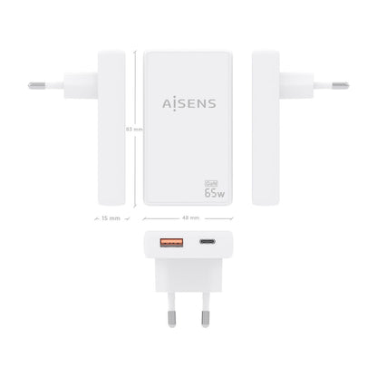 Detail van de Aisens Powerbank 65W in wit, met afmetingen en aansluitingen weergegeven.