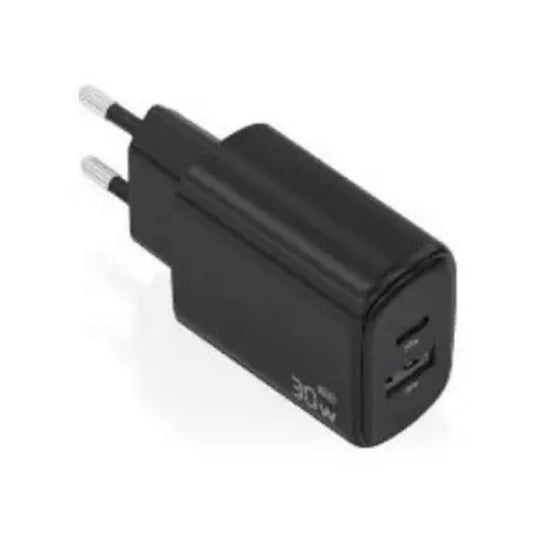 Zwarte Aisens 30W USB-C oplader met twee aansluitingen, zijaanzicht.