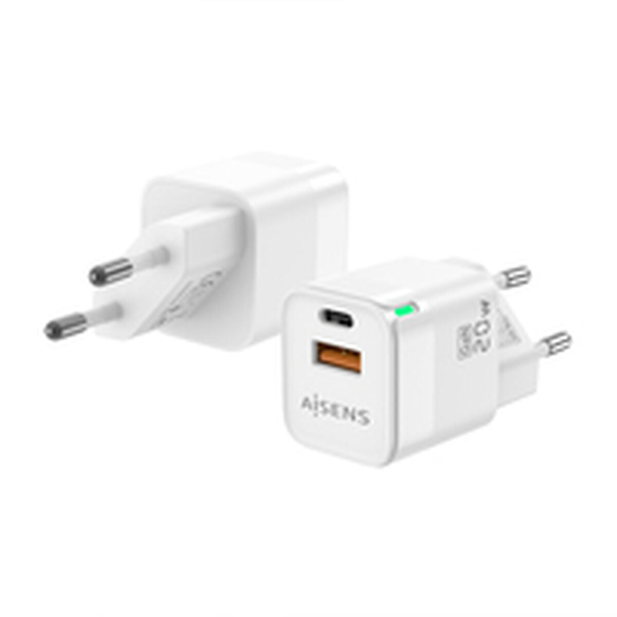 Detail van de Aisens oplader ASCH-20W2P002-W met USB-C en USB 2.0 poorten.