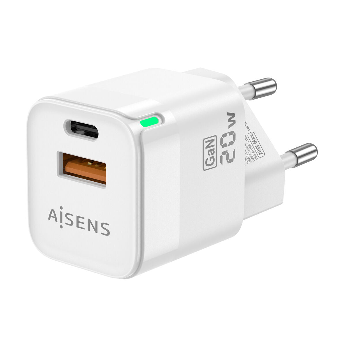 Detail van de Aisens 20W oplader met USB-C en USB 2.0, zijaanzicht en LED-indicator.