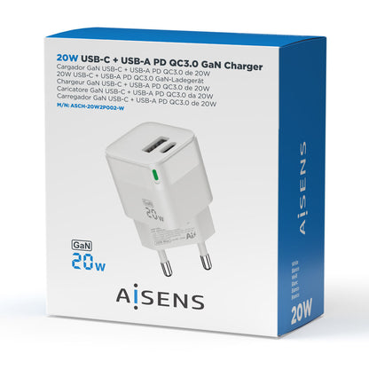 Aisens 20W oplader met USB-C en USB-A poorten, compact ontwerp in witte kleur.