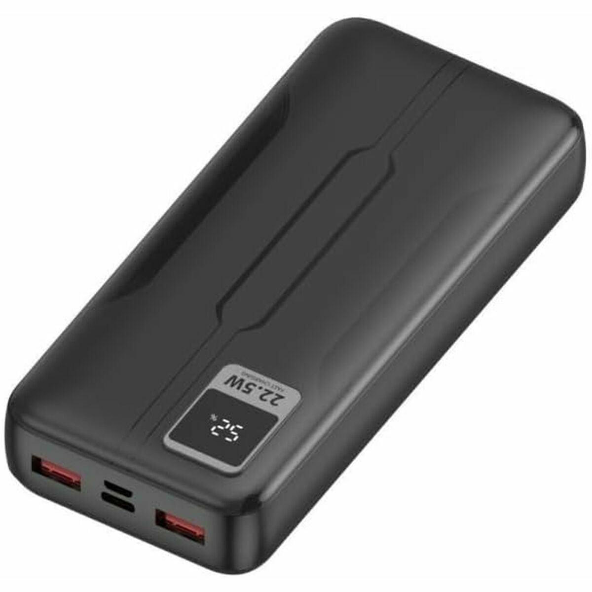 Zijaanzicht van de LEOTEC Powerbank 20000 mAh in zwart met USB-A en USB-C poorten.