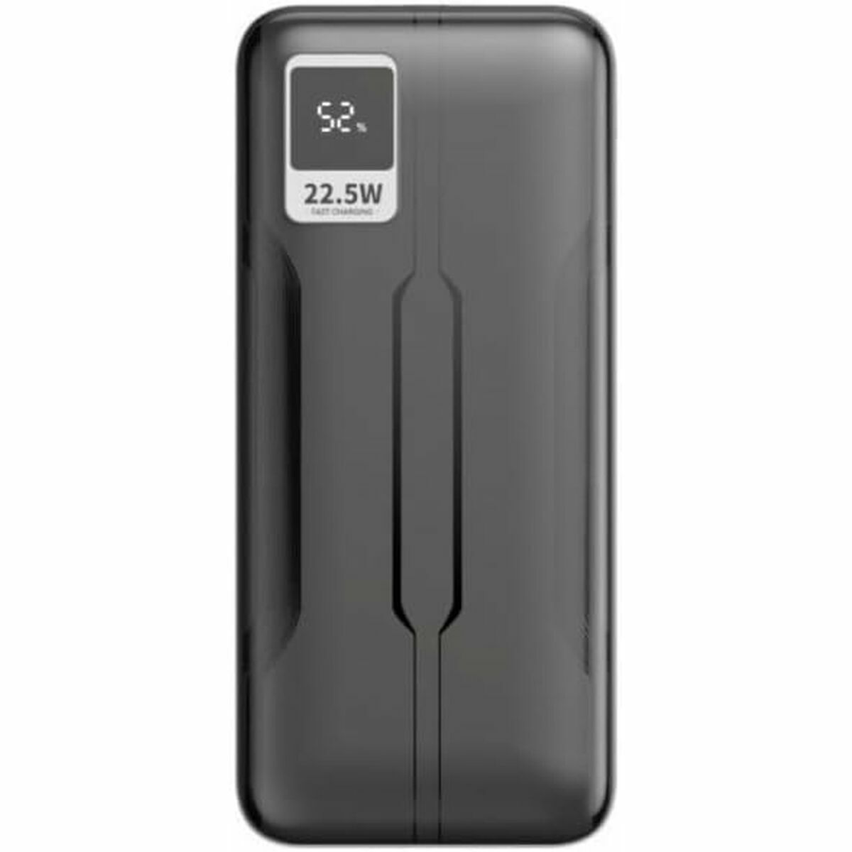Detail van de LEOTEC Powerbank 20000 mAh in zwart, met ingebouwd LCD-scherm en fast charging functie.