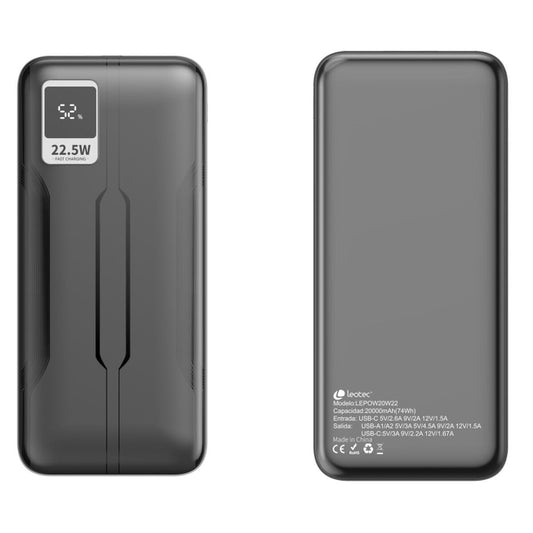 LEOTEC Powerbank 20000 mAh zwart met LCD-scherm en USB-poorten, voor- en achteraanzicht.