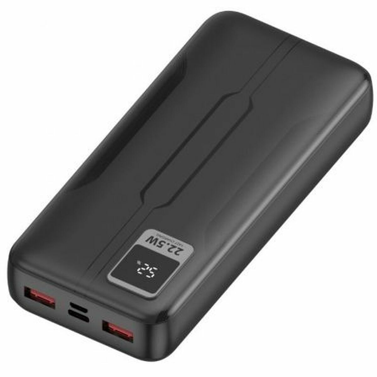 Zijaanzicht van de LEOTEC Powerbank 20000 mAh met twee USB-A poorten en LCD-scherm.