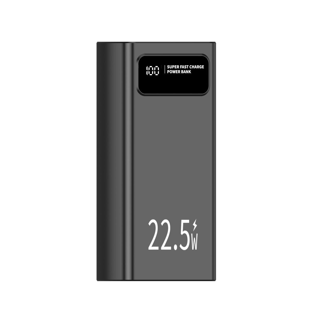 Detail van de LEOTEC Powerbank Zwart met LCD-scherm en vermogen van 22,5 W.