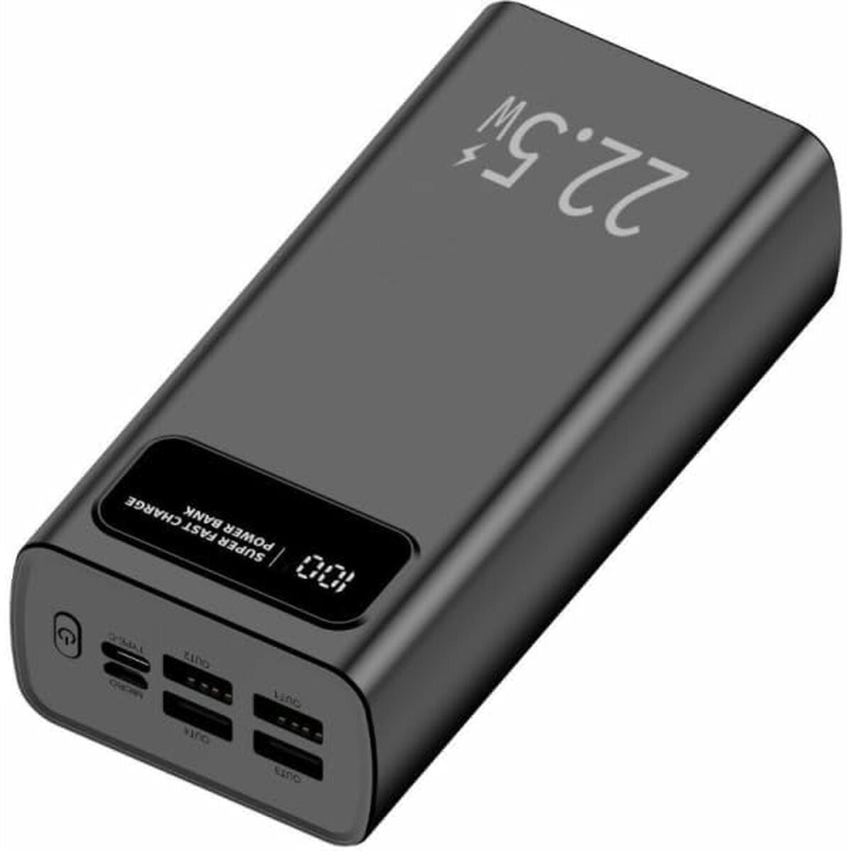 Zijaanzicht van de LEOTEC Powerbank in zwart met LCD-scherm en meerdere poorten.