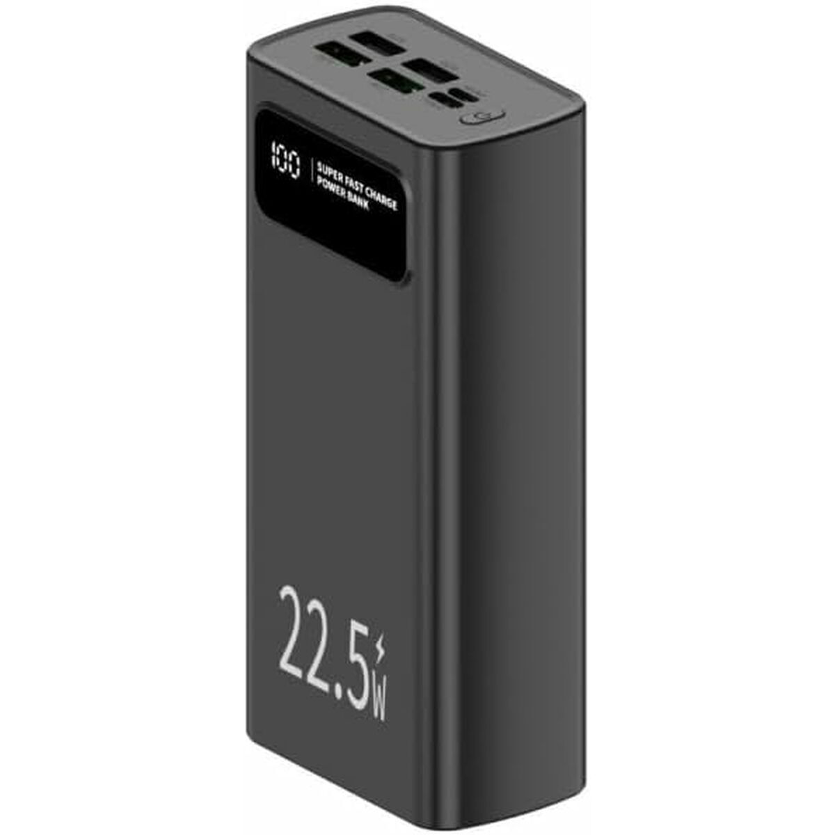 Detail van de LEOTEC Powerbank Zwart met LCD-scherm en meerdere USB-poorten.