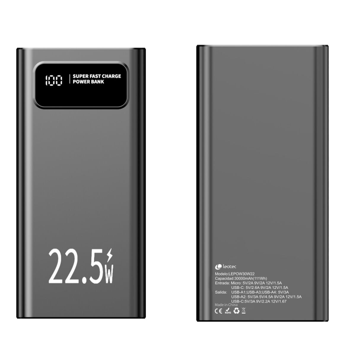 LEOTEC Powerbank Zwart 30000 mAh met LCD-scherm voor energiebeheer en snelle oplading.