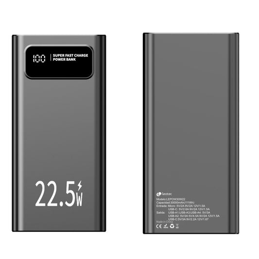 LEOTEC Powerbank Zwart 30000 mAh met LCD-scherm voor energiebeheer en snelle oplading.