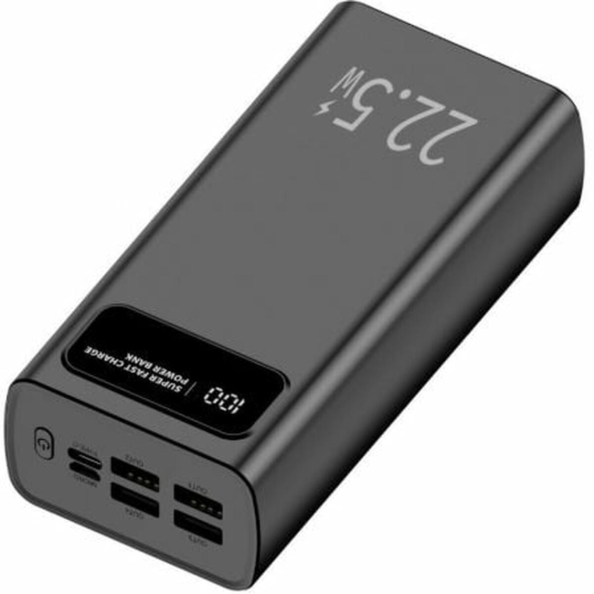 Detail van de LEOTEC Powerbank Zwart met USB-C en USB-poorten, zijaanzicht.