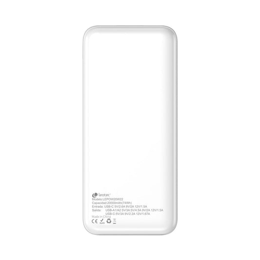 Witte LEOTEC Powerbank 20000 mAh met specificaties op de achterkant.