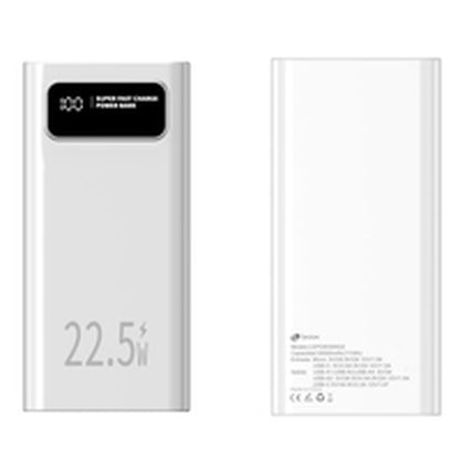 Detail van de LEOTEC Powerbank 30000 mAh in wit, met ingebouwd display en specificaties.