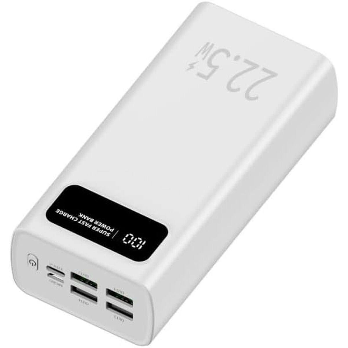 Zijaanzicht van de LEOTEC Powerbank 30000 mAh met ingebouwd display en meerdere poorten.