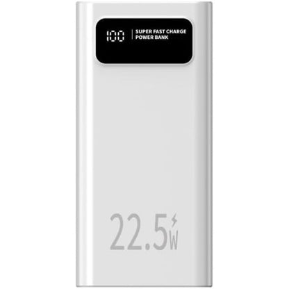 Detail van de LEOTEC Powerbank 30000 mAh in wit, met ingebouwd display en snelle oplading.
