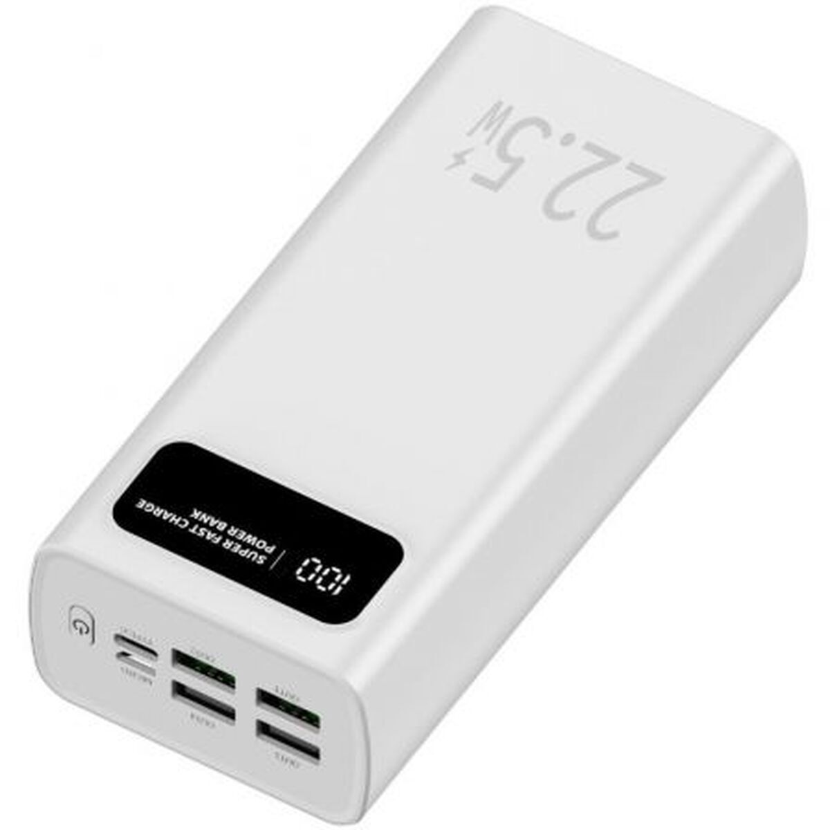 Detail van de LEOTEC Powerbank 30000 mAh in wit, met ingebouwd display en meerdere USB-poorten.