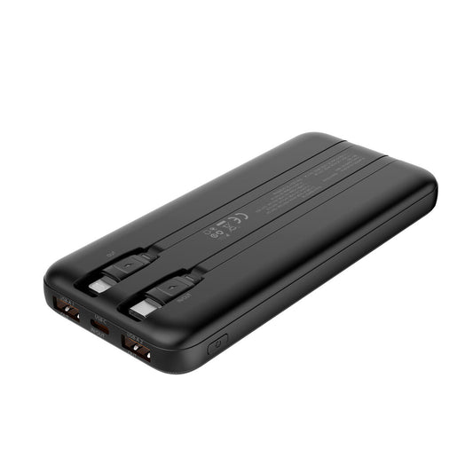 Compacte zwarte CoolBox powerbank van 10000mAh met dubbele USB-poorten en aan/uit-knop.