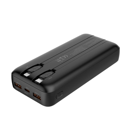 Zwarte CoolBox Powerbank 20000mAh met dubbele USB-poorten en handzaam ontwerp.