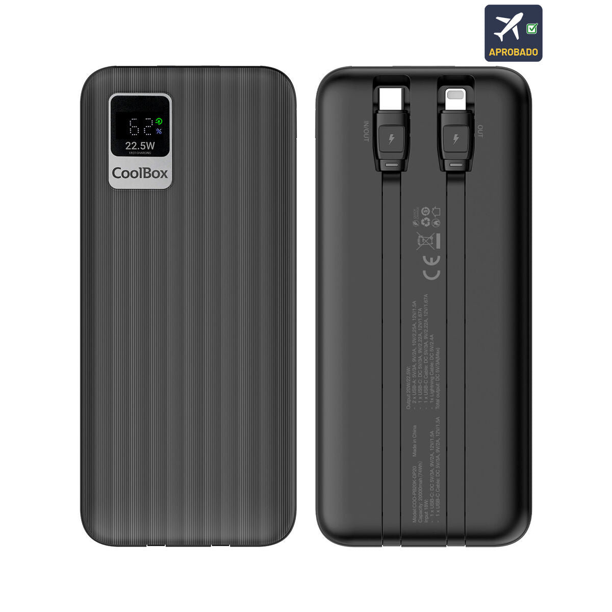 Zijaanzicht van de CoolBox Powerbank 20000mAh met dubbele USB-poorten en LED-indicator.