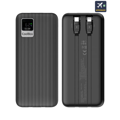 Zijaanzicht van de CoolBox Powerbank 20000mAh met dubbele USB-poorten en LED-indicator.