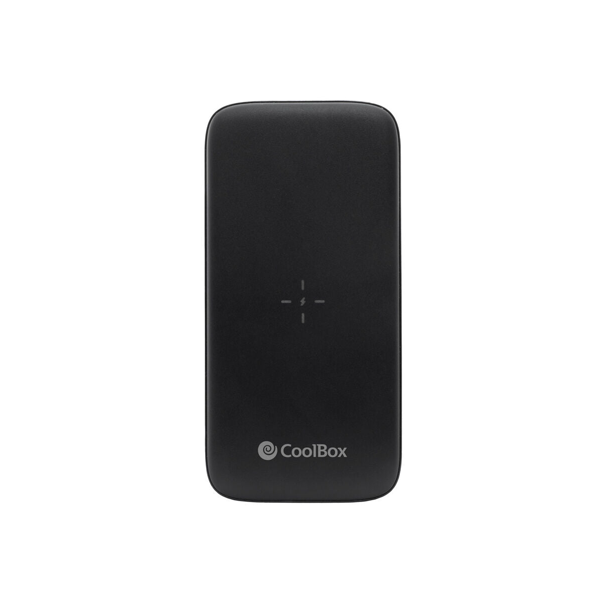CoolBox powerbank 10000 mAh in zwart met draadloze oplaadfunctie, vooraanzicht.