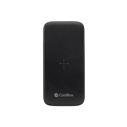 CoolBox powerbank 10000 mAh in zwart met draadloze oplaadfunctie, vooraanzicht.