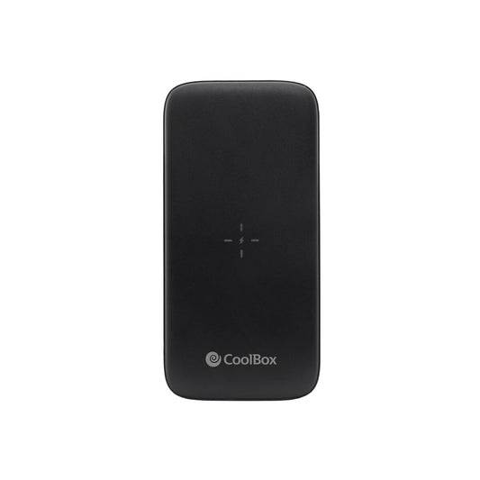 CoolBox powerbank 10000 mAh in zwart met draadloze oplaadfunctie, vooraanzicht.