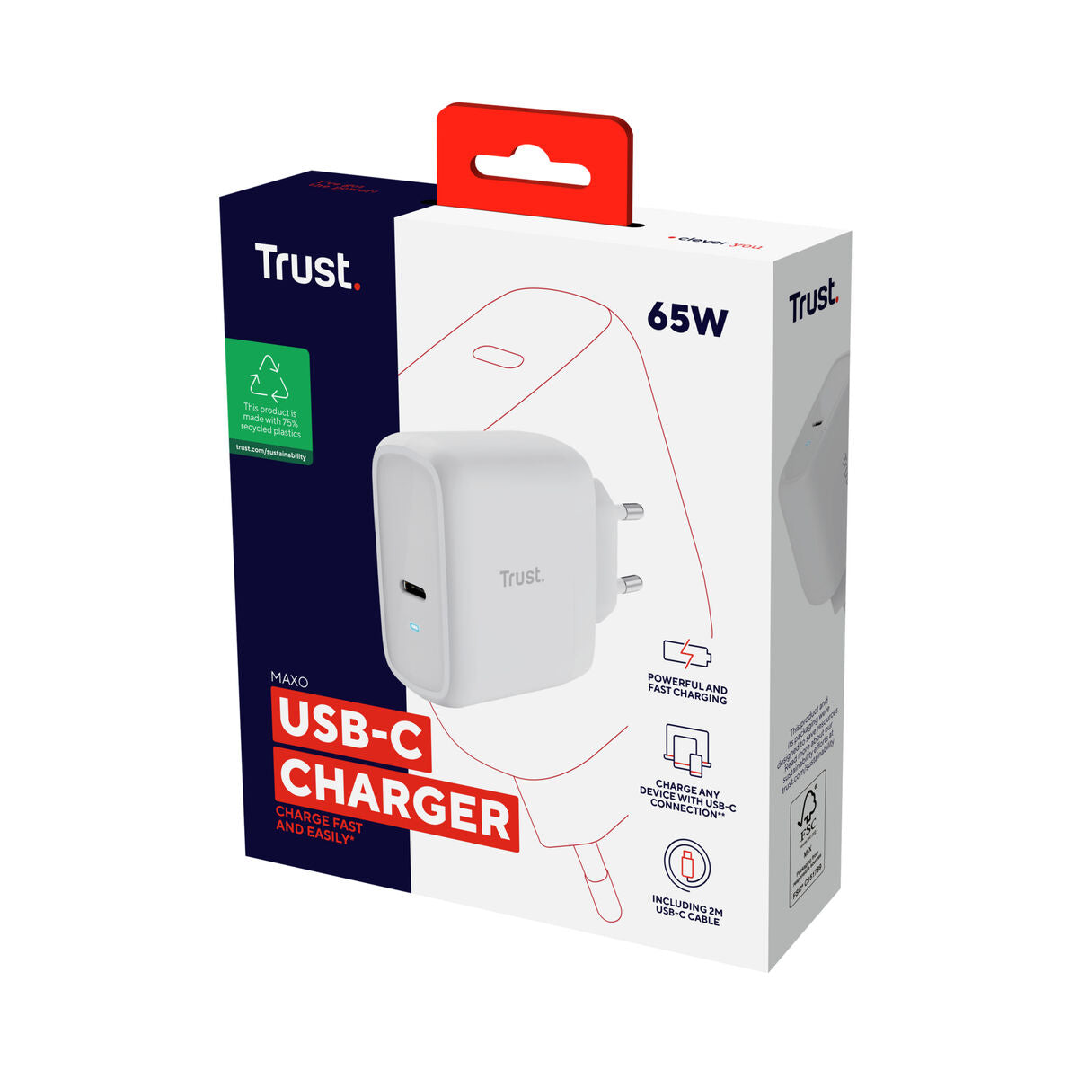 Trust Maxo 25139 witte 65W oplader in verpakking met USB-C aansluiting.