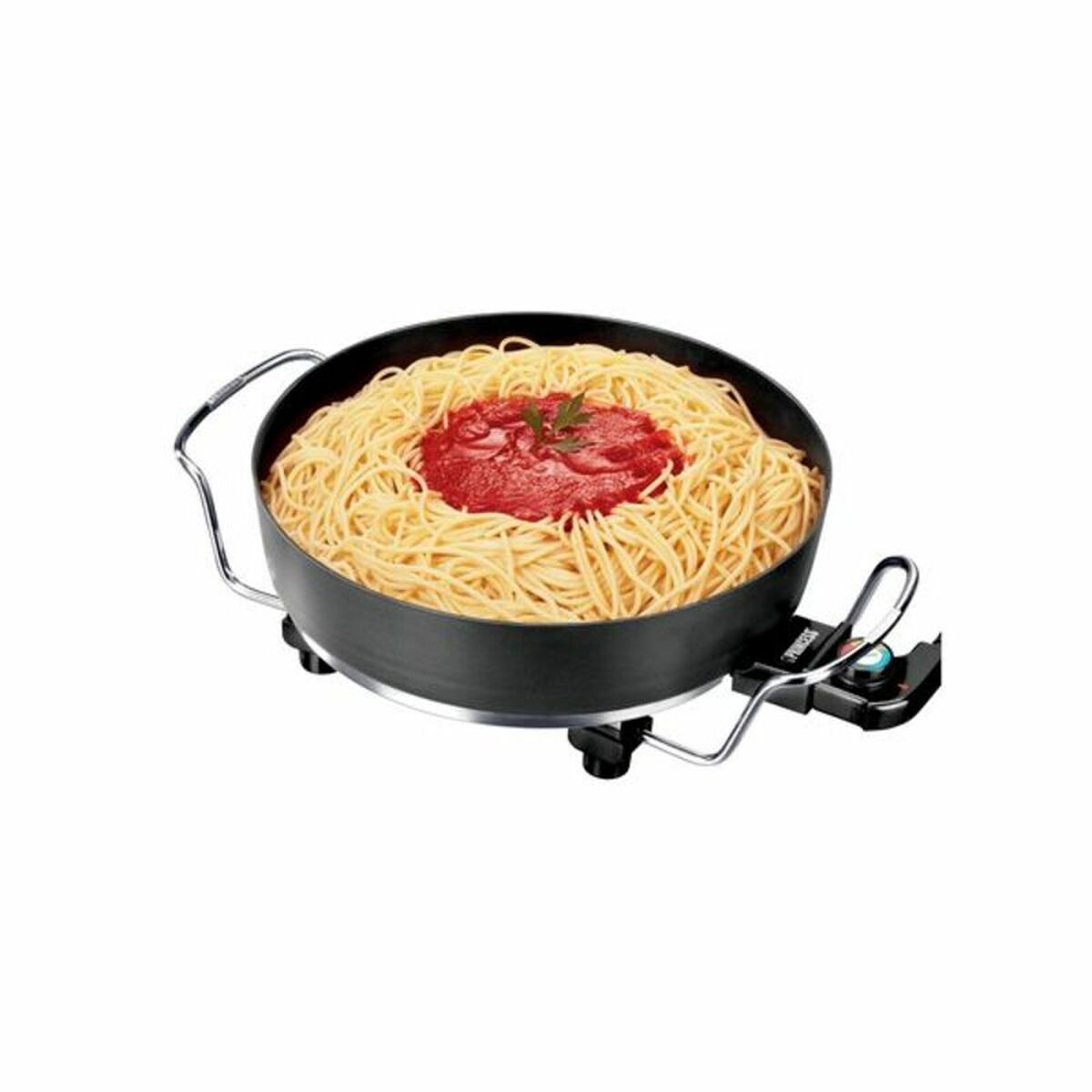Detail van de Princess multifunctionele kookpot met spaghetti en tomatensaus.