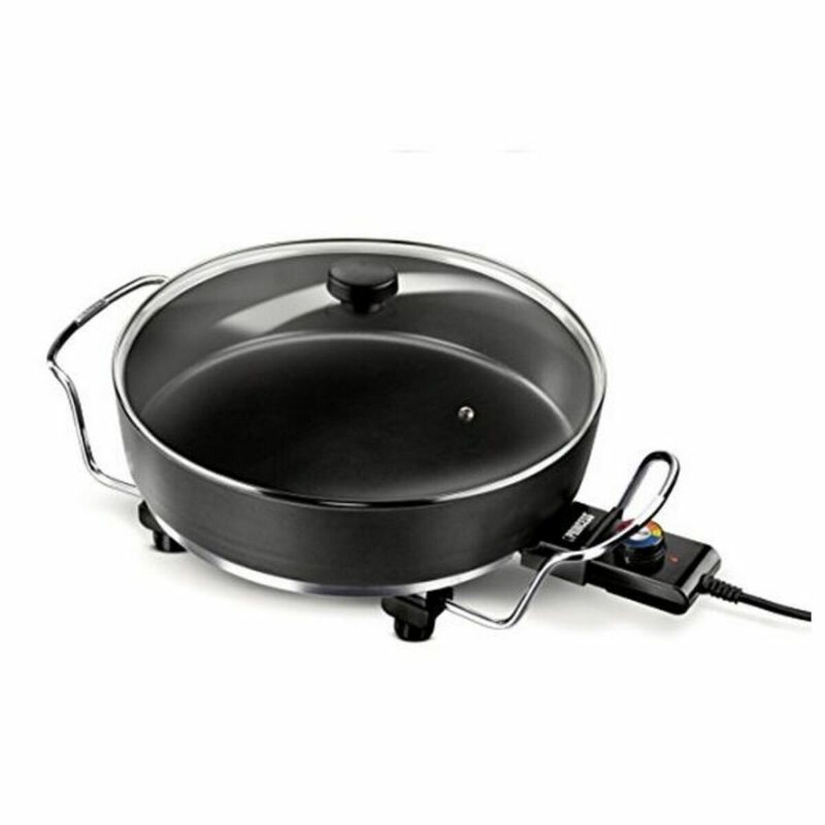 Detail van de Princess multifunctionele kookpot met glazen deksel en temperatuurregelaar.