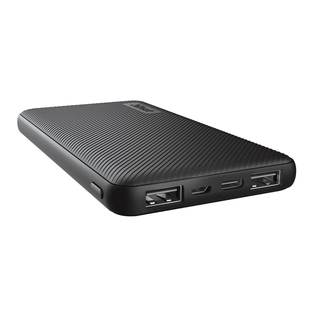 Zijaanzicht van de zwarte Trust Power Bank Primo met dubbele USB-poorten.
