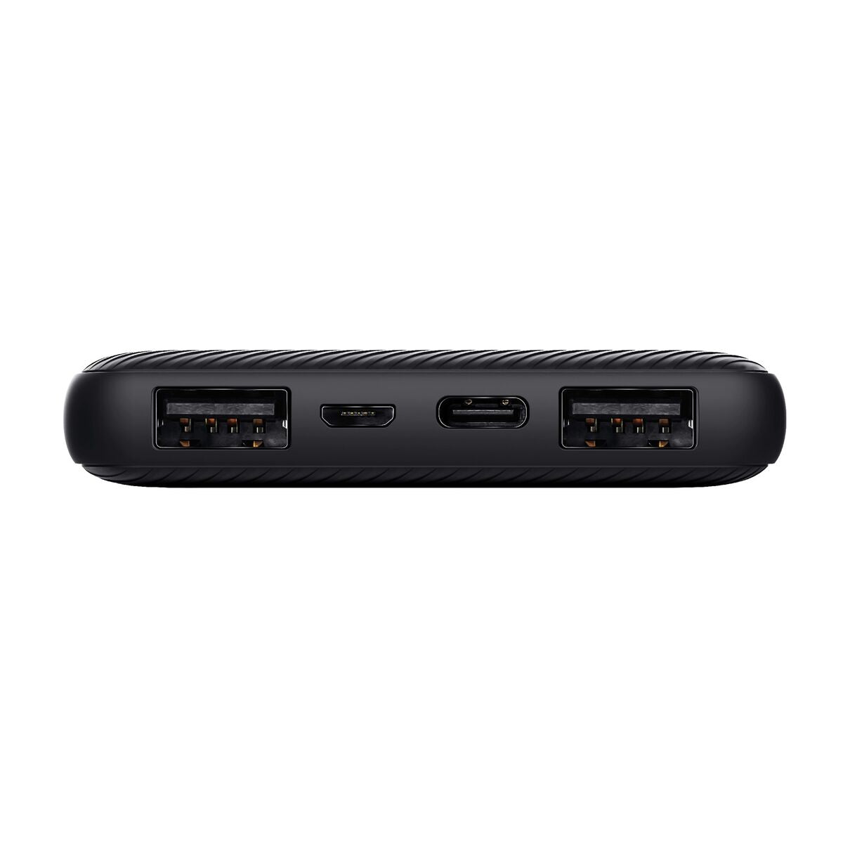 Zijaanzicht van de Trust Power Bank Primo met dubbele USB-poorten en een USB-C aansluiting.