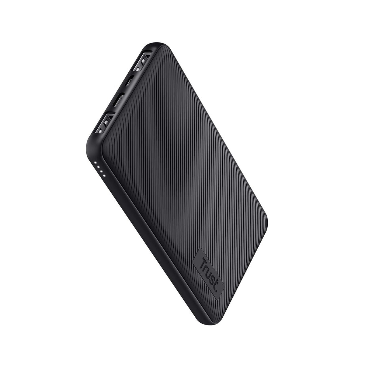 Zijaanzicht van de zwarte Trust Power Bank Primo met dubbele USB-poorten.