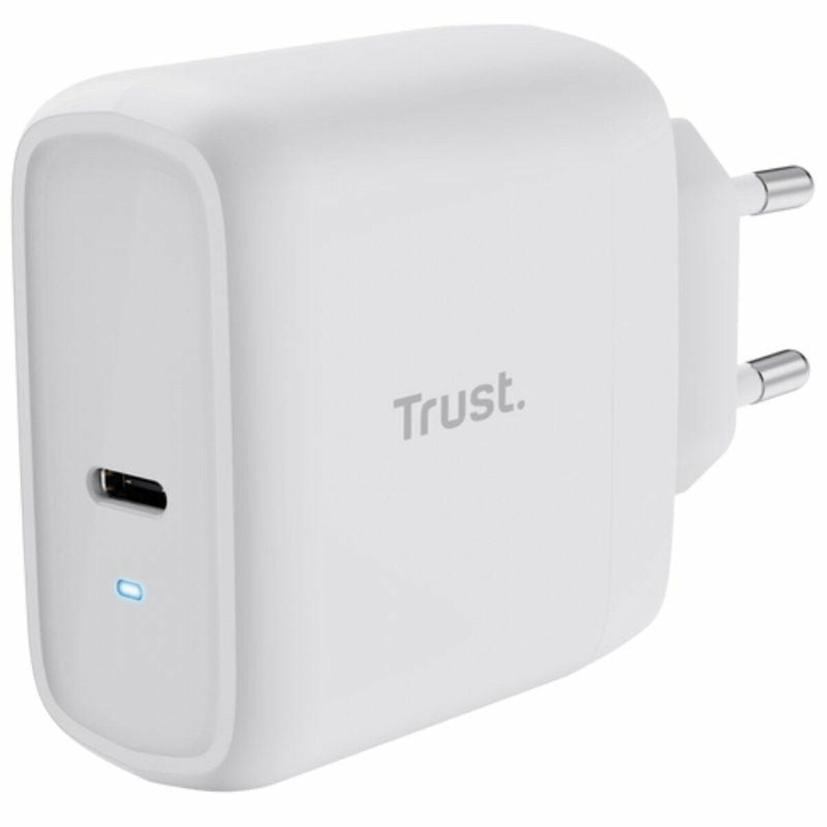 Zijaanzicht van de Trust 25139 oplader in wit met USB-C aansluiting.