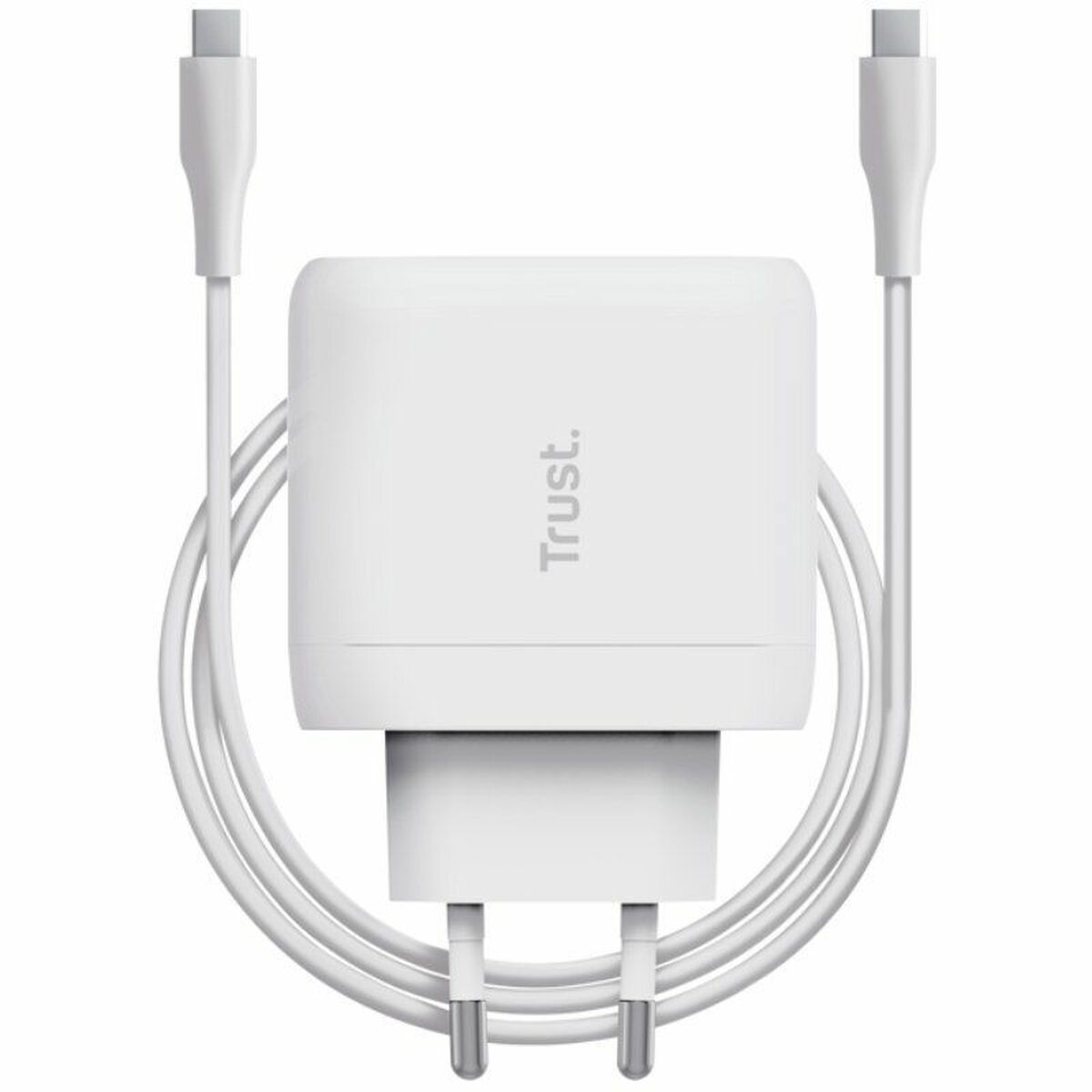 Zijaanzicht van de Trust 25139 oplader met USB-C kabel in wit.