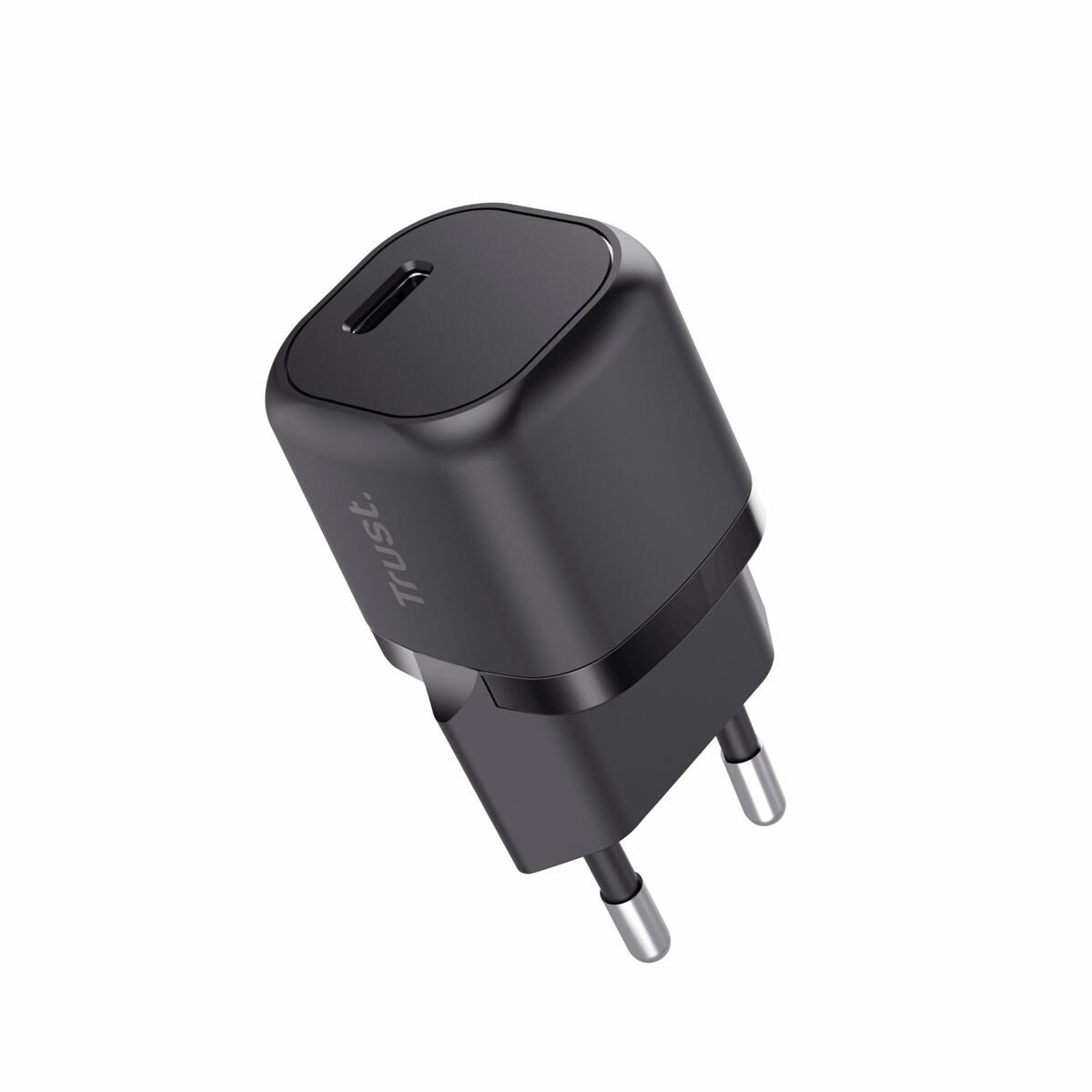 Zijaanzicht van de compacte zwarte Trust 25174 USB-C oplader met een moderne uitstraling.