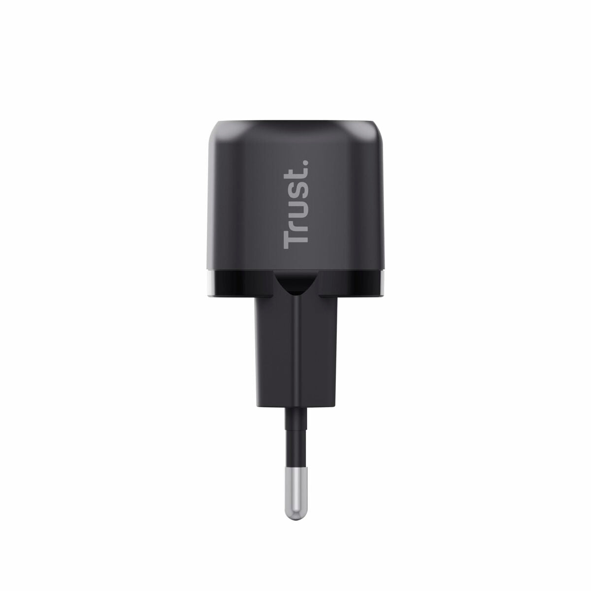Zwart Trust 25174 oplader met USB-C aansluiting, frontaal gezien.