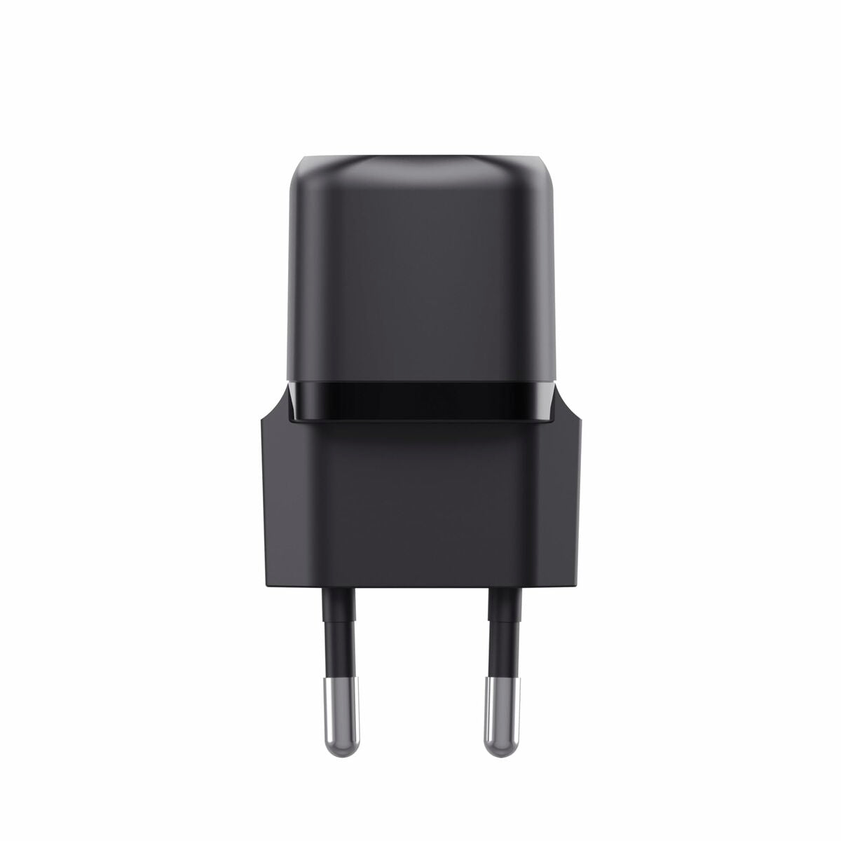 Zwart Trust 25174 USB-C oplader, close-up van de voorkant met stekker.