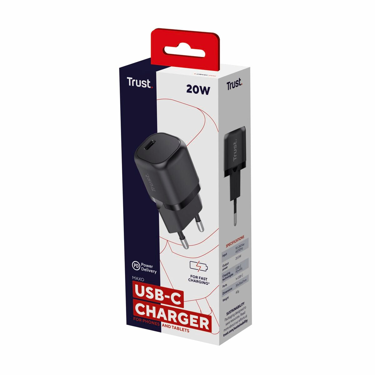 Zijaanzicht van de zwarte Trust 25174 USB-C oplader in verpakking met specificaties.