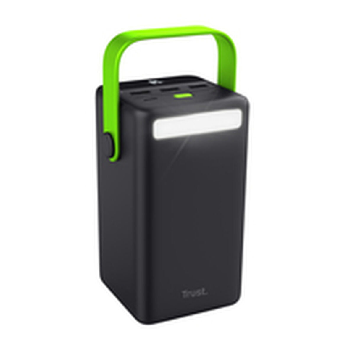 Zwart met groene handgreep Trust Redoh XXL powerbank, zijaanzicht met ingebouwde lamp.