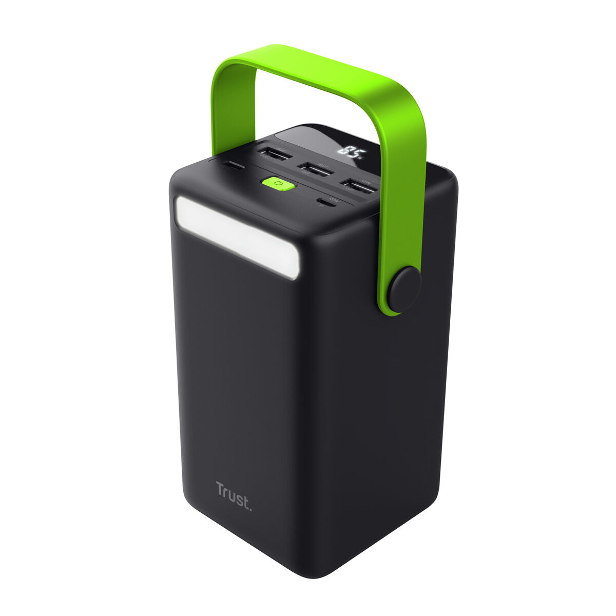 Detail van de Trust Redoh XXL powerbank met groene handgreep en USB-poorten.