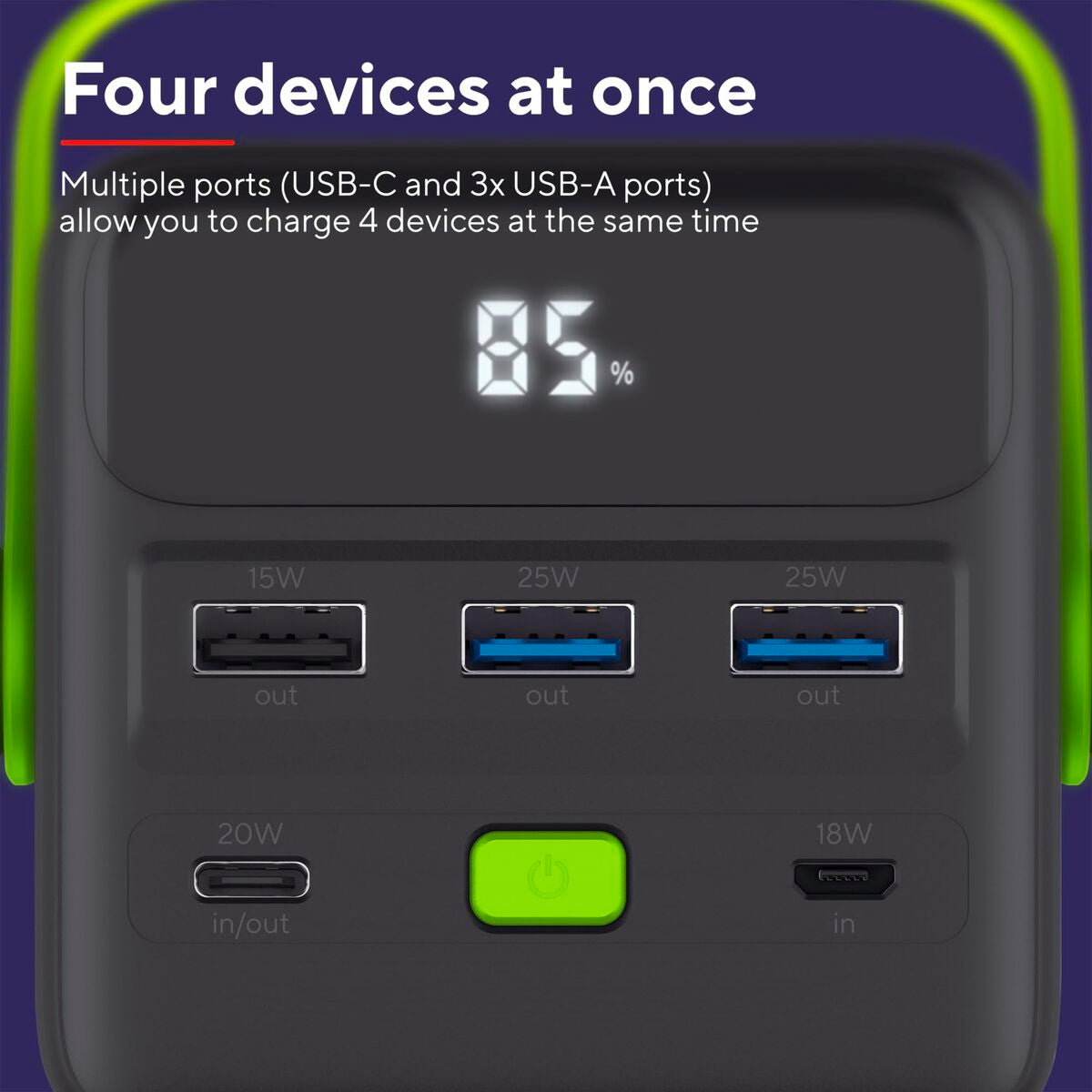 Detail van de Trust Redoh XXL powerbank met vier oplaadpoorten en ingebouwd display.
