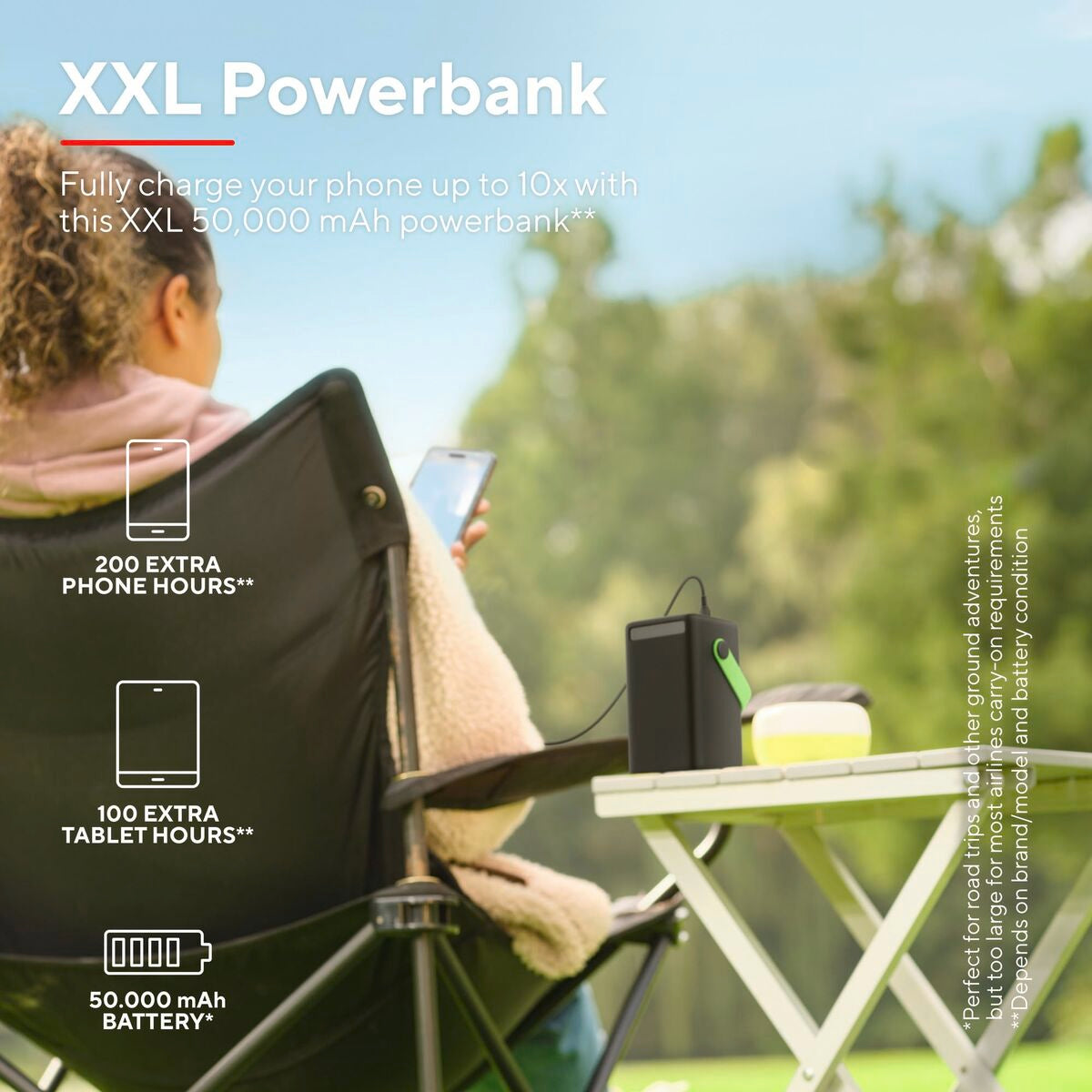 Detail van de Trust Redoh XXL powerbank met gebruik in een buitenomgeving.