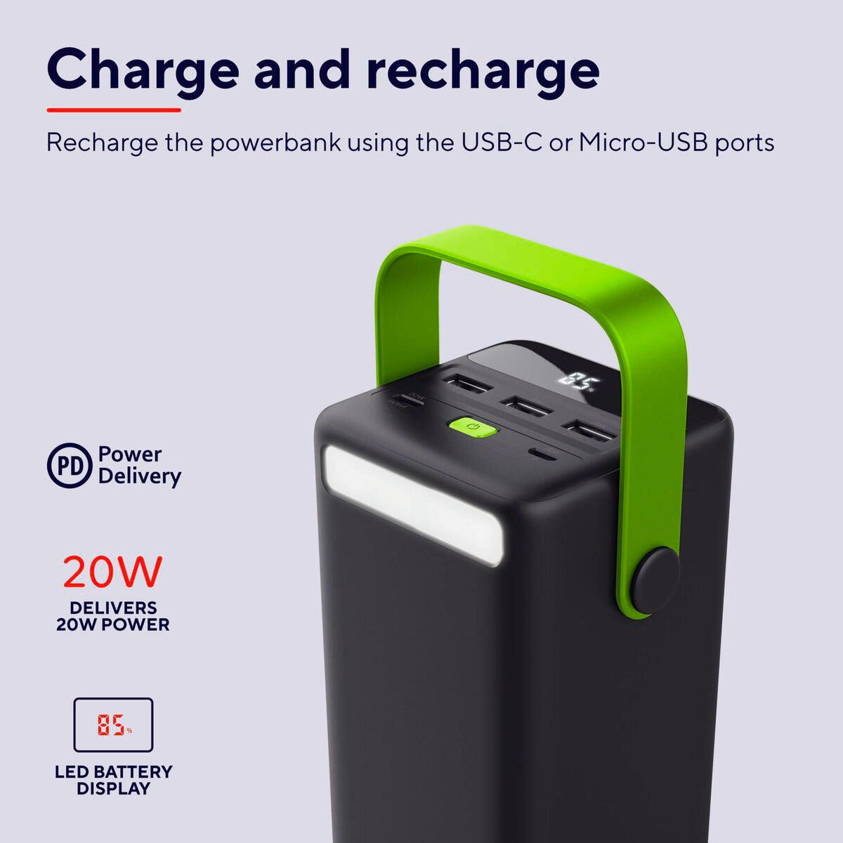 Detail van de Trust Redoh XXL powerbank met groene handgreep en aansluitingen voor USB-C en Micro-USB.