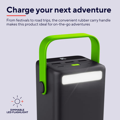 Detail van de Trust Redoh XXL powerbank met groene rubberen handgreep en ingebouwde LED-flitser.