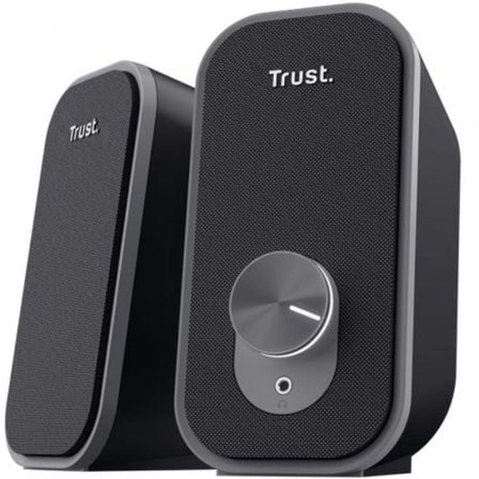 Trust Draagbare Bluetooth Luidsprekers in zwart met krachtige audio en volumeknop.