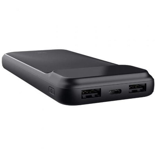 Zwarte Trust Powerbank 10000 mAh met USB-C en USB-A poorten, zijaanzicht.