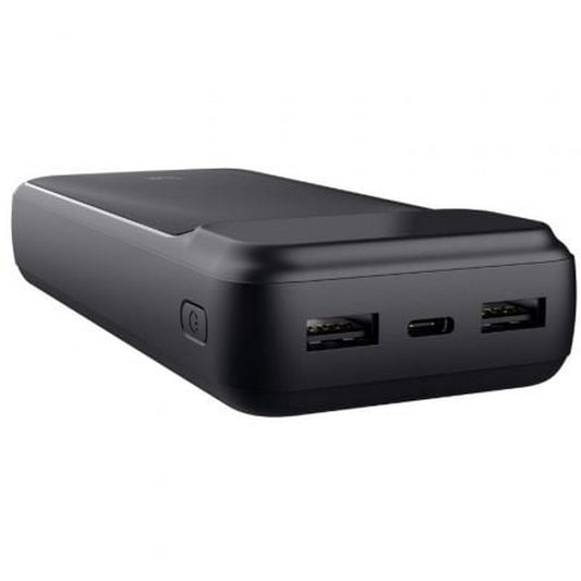 Zijaanzicht van de Trust Powerbank 20000 mAh met twee USB-poorten en een slank ontwerp.